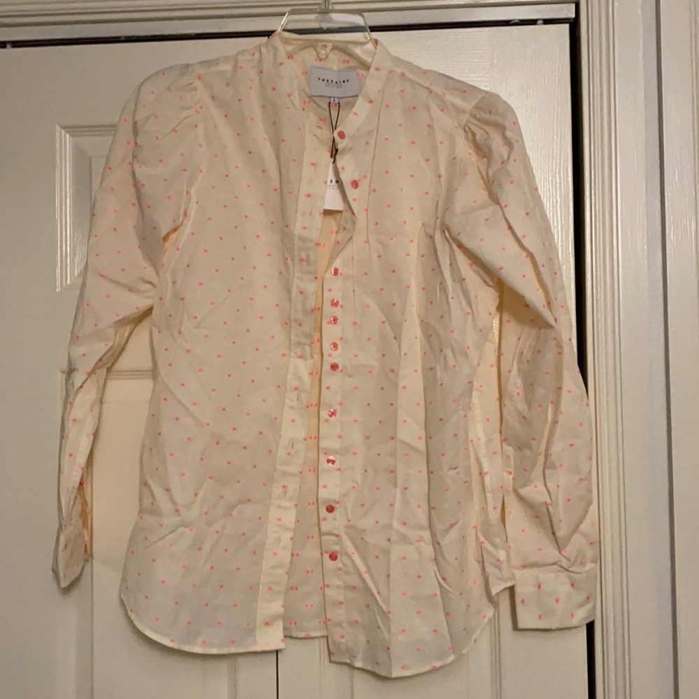 Rochelle Behrens button down shirt with slight puff sleeve shoulder. NWT, large